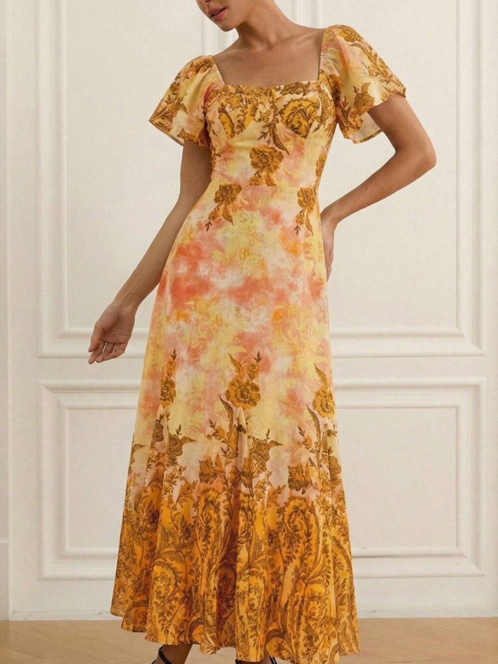 Orange Elegant Women's Floral Print Cap Sleeve Flared Hem Dress - Picture 4 of 7
